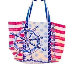 S.S. BRIGHTON Nautical Canvas Beach Tote Sail Away Anchor Ship Wheel Stripe XL